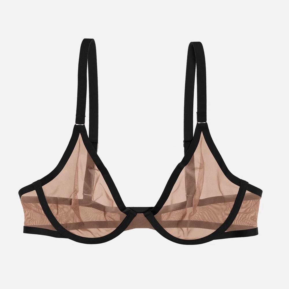 NWT CUUP THE PLUNGE MESH BRA 34E TAUPE/BLACK